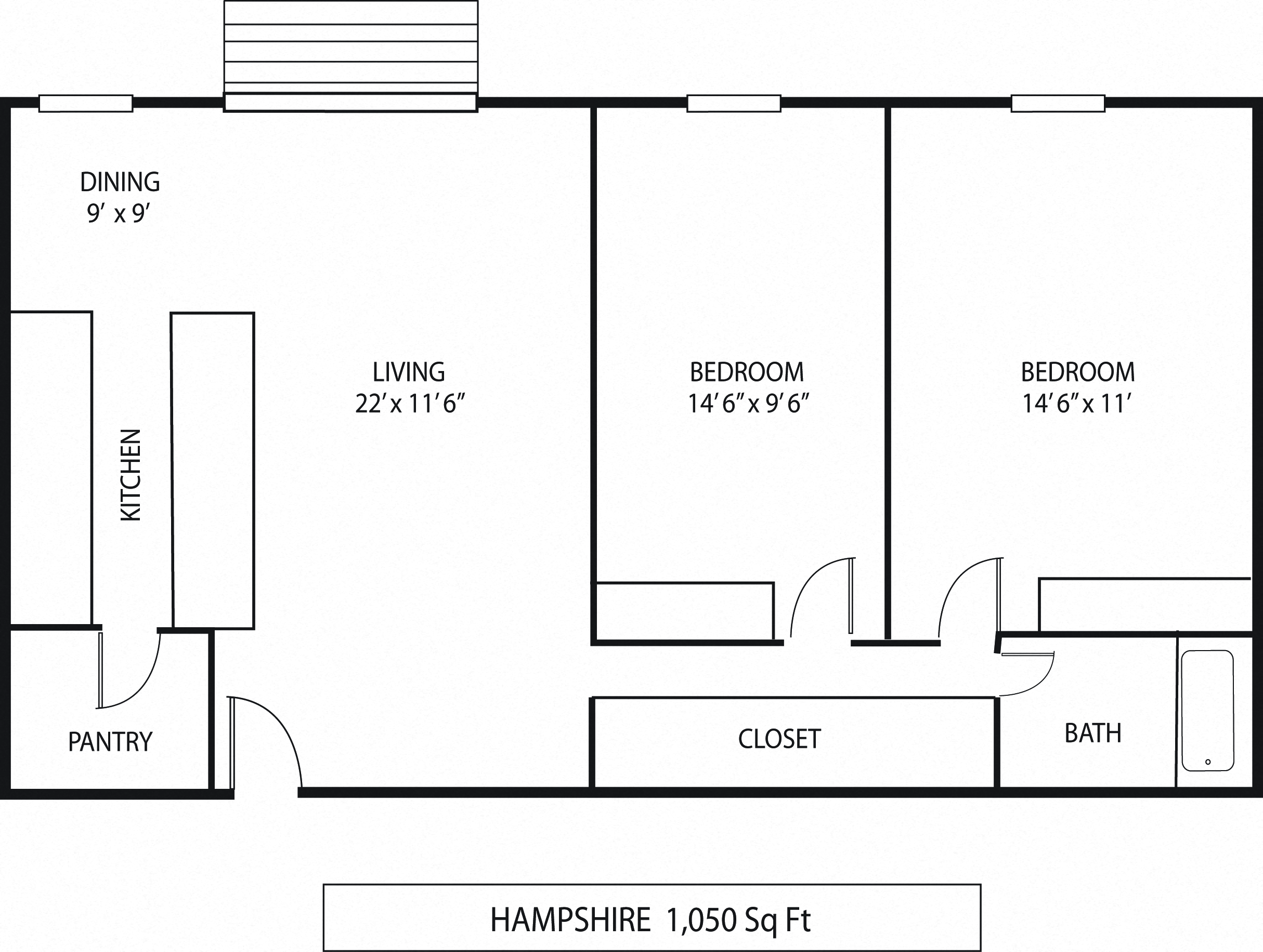 Floor plan for 2 beds, 1 bath, 1050 sqft